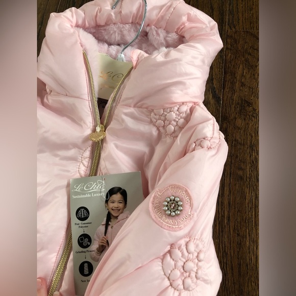 Le Chic Girls 3Y Pastel Pink Hooded Floral Faux Pearl Puffer Jacket w/Fur - NWT! - Picture 4 of 10